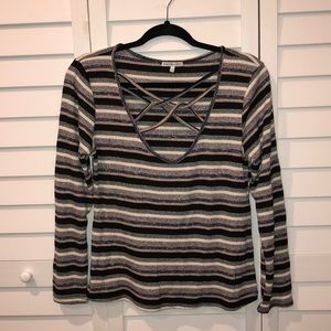 Charlotte Russe multicolored striped sweater with front crosscross cutout detail